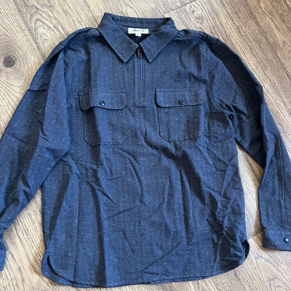 Men's Madewell Quarter-Zip Popover Shirt in Herringbone Stripe Size Medium